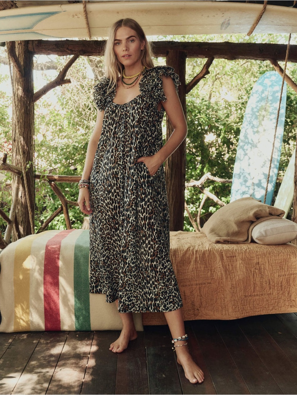 The Great. The Ruffle Cover-Up Leopard Cotton Gauze Maxi Dress Size 0 XS